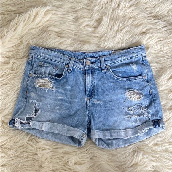 Rag & Bone Distressed Blue Denim Shorts Rolled Up Hem sz 27 Boho, Beach, Coastal - Picture 1 of 6